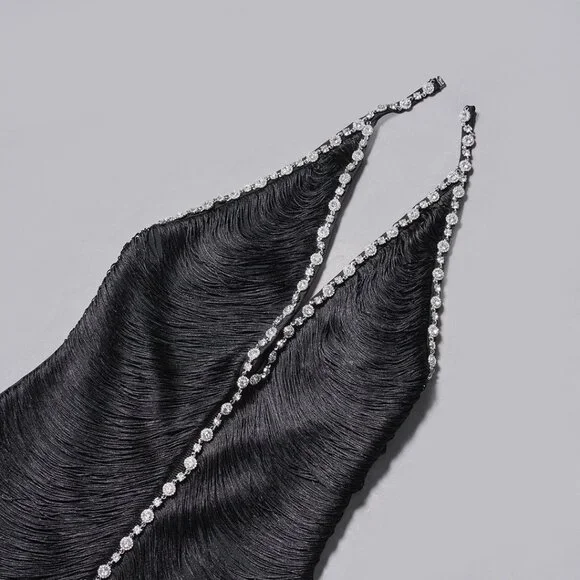 LUXE Rhinestone Fringe Bandage Gown - Black Halter Neck & Sparkle Evening Dress - Picture 5 of 11